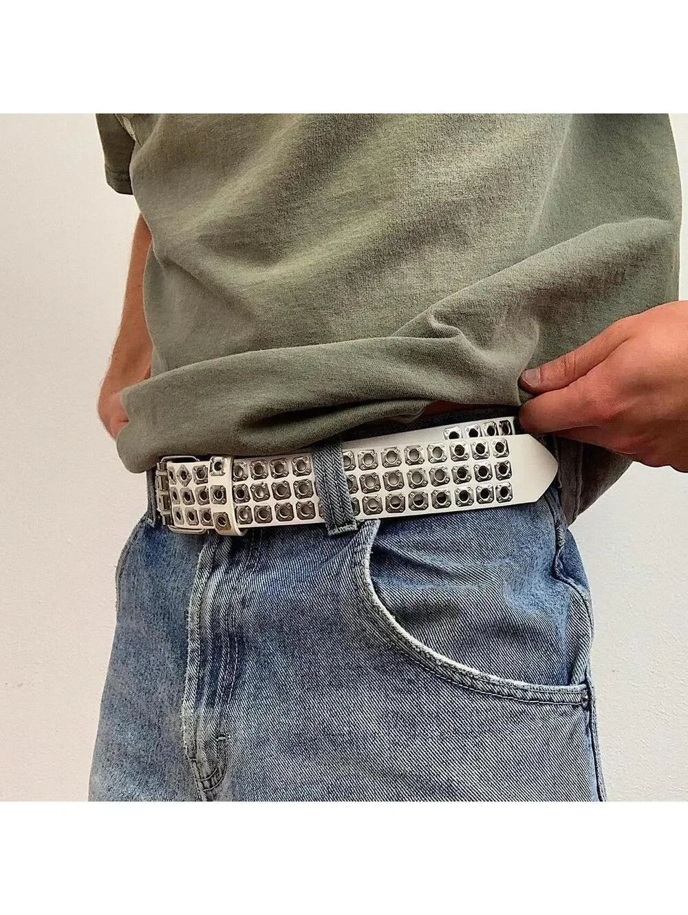 Cyber y2k 2000s style white and silver studded belt. Nice quality. 42 inches